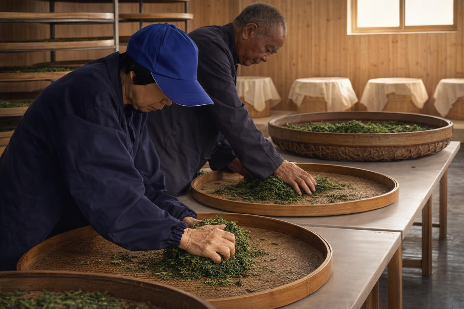 做茶人用手翻看茶叶状态